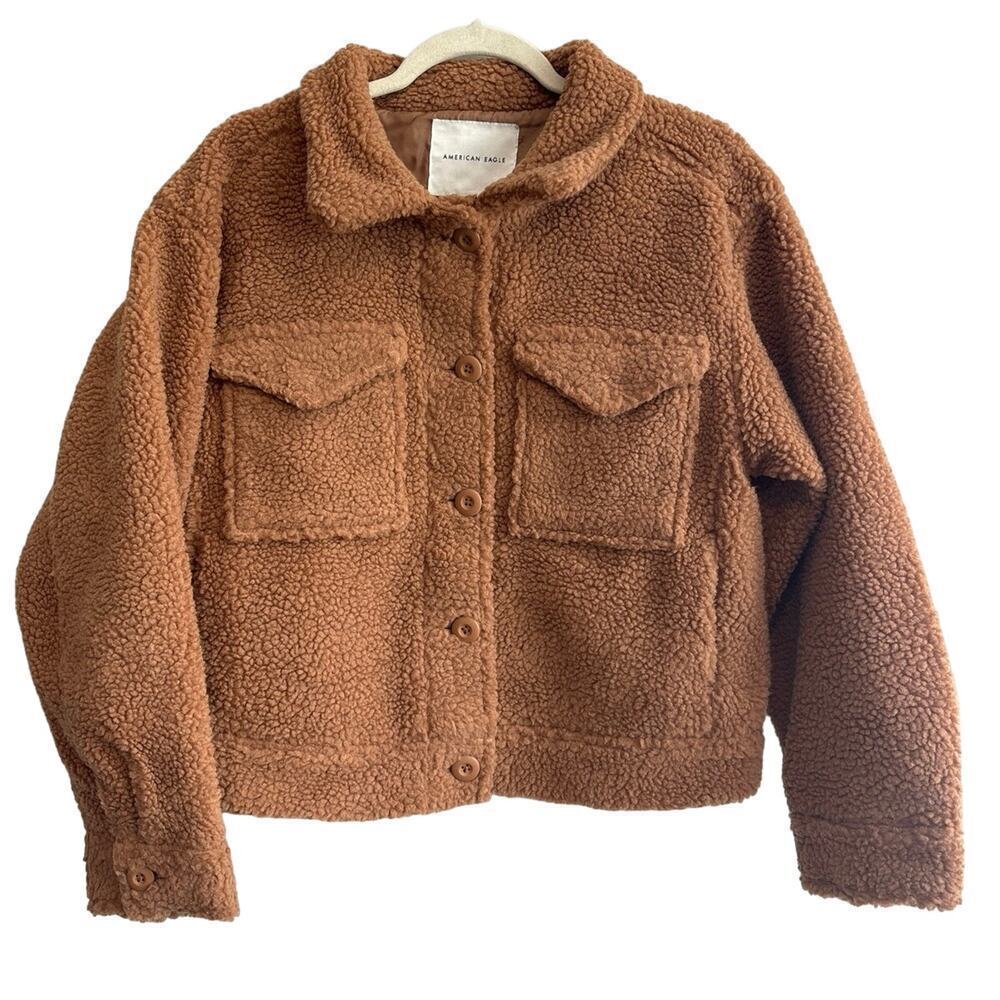 NWOT American Eagle Cropped Teddy Sherpa Jacket Brown Size XS - Picture 3 of 8